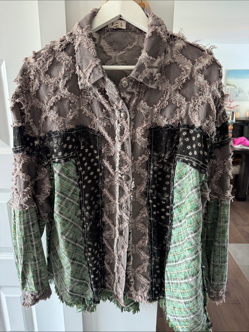 POL patchwork Fringe Button-Up chacket with Plaid Panels
